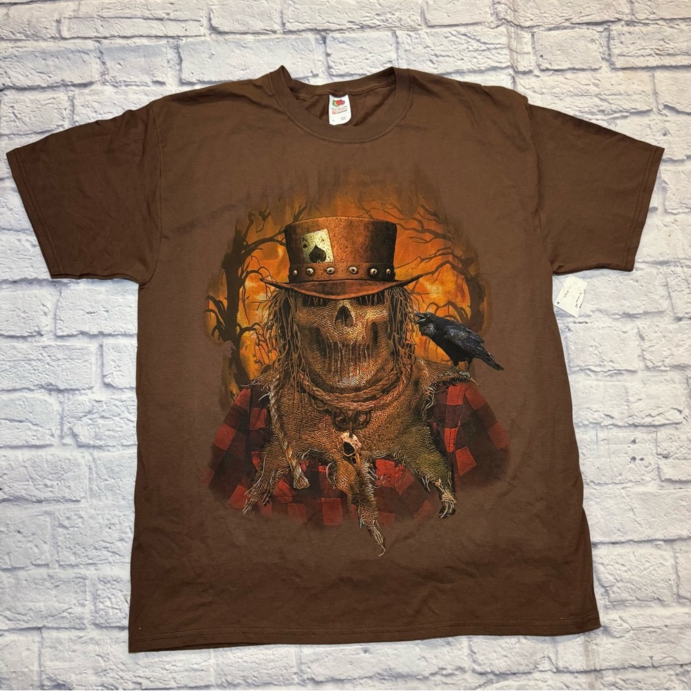 Fruit of the Loom Grim Reaper Gambler Halloween Brown Tee Y2K Sz L Grunge